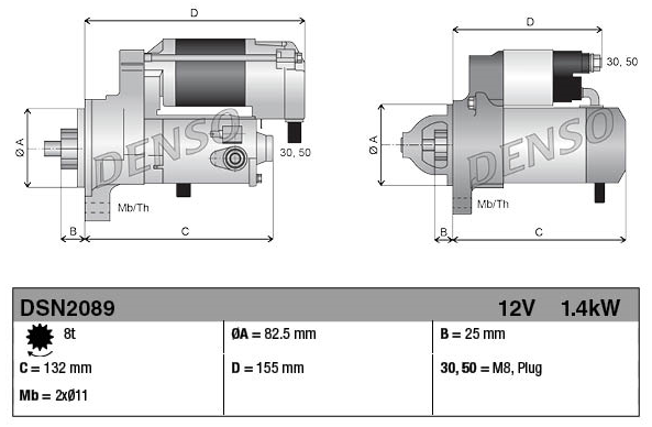 Denso gear-reduction tractor starter motor, 12V 1.4kW, 8-tooth, gray metal body