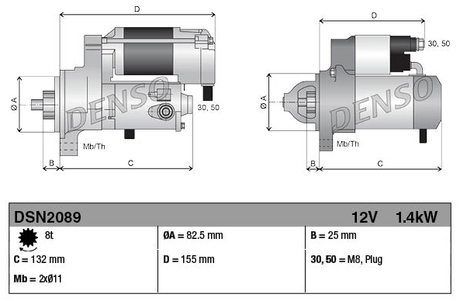 Denso gear-reduction tractor starter motor, 12V 1.4kW, 8-tooth, gray metal body