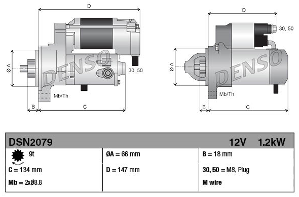 Denso starter motor, gear-reduction, 12V 1.2kW, 9-tooth for Kubota tractors.