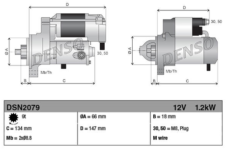 Denso starter motor, gear-reduction, 12V 1.2kW, 9-tooth for Kubota tractors.