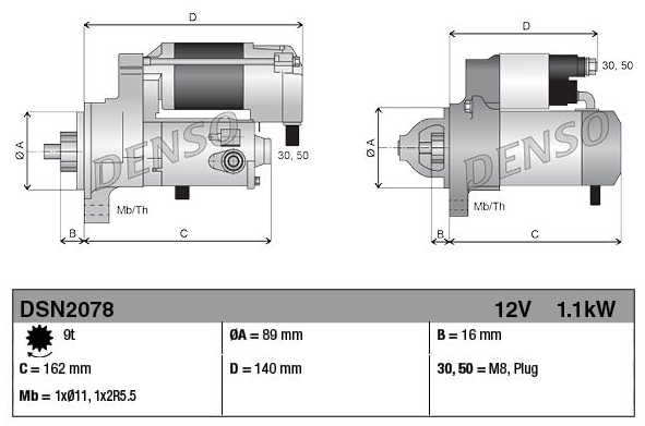 Denso gear-reduction tractor starter motor, 12V 1.1kW, 9-tooth, two-view diagram with dimensions
