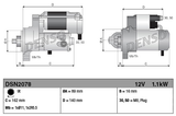 Denso gear-reduction tractor starter motor, 12V 1.1kW, 9-tooth, two-view diagram with dimensions