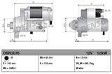 Denso gear reduction tractor starter motor, Kubota, 12V, 1.0kW, 9-tooth; shown in two views with dimensions.