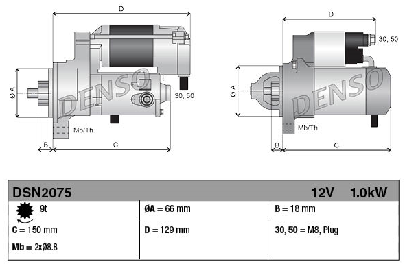 Denso 12V 1.0kW tractor starter motor, 9-tooth, two-view schematic with dimensions ØA 66mm, D 129mm, C 150mm
