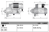 Denso 12V 1.0kW tractor starter motor, 9-tooth, two-view schematic with dimensions ØA 66mm, D 129mm, C 150mm