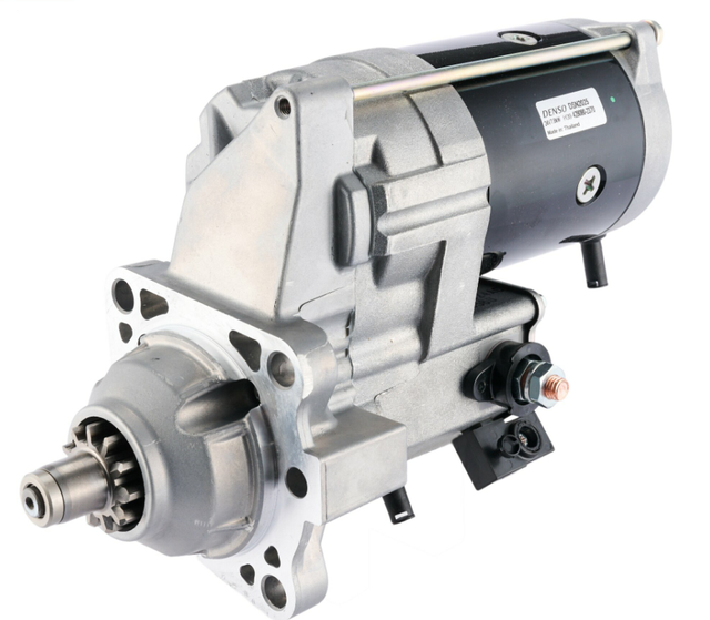 Denso gear reduction starter motor, silver and black, for Caterpillar 924H, 24V 7.8kW 11-tooth tractor starter