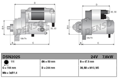 Denso gear-reduction tractor starter motor, 24V, 7.8 kW, 11-tooth for Caterpillar 924H