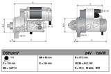 Denso tractor starter motor, 24V, 7.8kW, 11-tooth, John Deere; two-view technical drawing