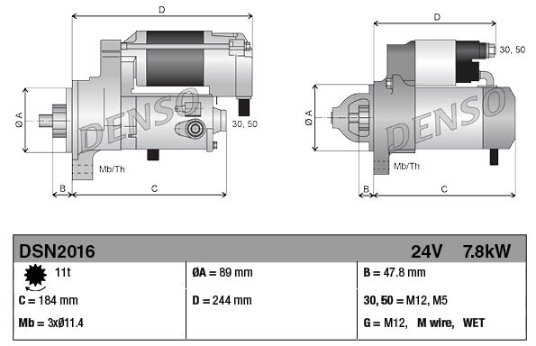 Denso gear reduction tractor starter motor, 24V 7.8kW, 11-tooth, for John Deere