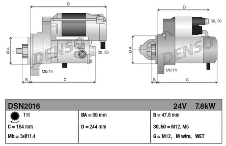 Denso gear reduction tractor starter motor, 24V 7.8kW, 11-tooth, for John Deere