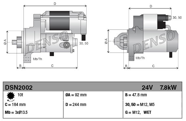 Denso tractor starter motor, 24V 7.8kW 10T for Cummins; two-view schematic with dimensions.