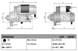 Denso tractor starter motor, 24V 7.8kW 10T for Cummins; two-view schematic with dimensions.