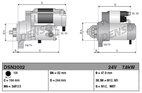 Denso tractor starter motor, 24V 7.8kW 10T for Cummins; two-view schematic with dimensions.