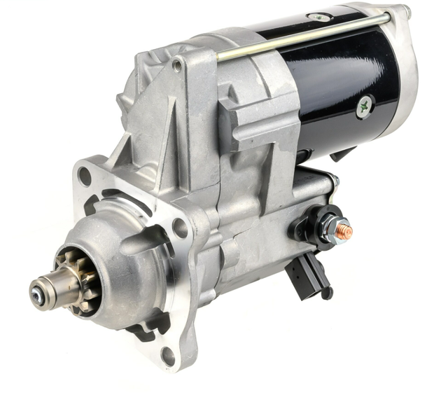 Tractor starter motor by Denso, gear-reduction design, 24V 5.5kW, 10T pinion; aluminum mounting flange and black cylindrical housing