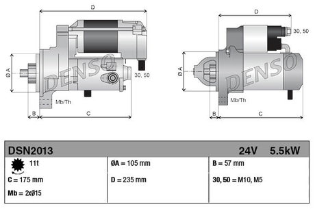 Denso gear reduction starter motor, 24V, 5.5kW, 11T for Isuzu tractors