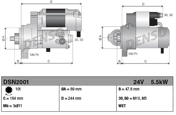Denso gear-reduction tractor starter motor, 24V 5.5kW, for Komatsu and Cummins