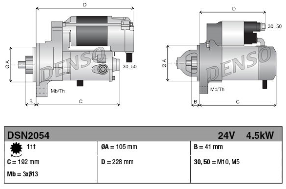 Denso tractor starter motor, gear reduction, 24V, 4.5kW, 11T for Isuzu