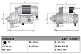Denso gear-reduction starter motor for tractors, two schematic views with dimensions and watermark.