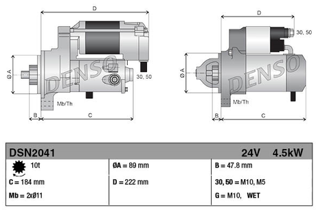 Denso gear-reduction starter motor for tractors, two schematic views with dimensions and watermark.