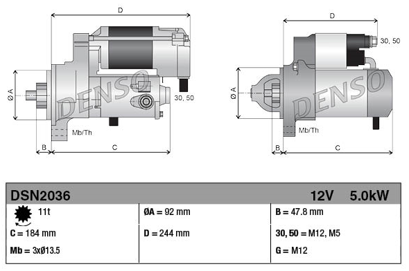 Denso gear reduction tractor starter motor, 12V 5.0kW, for John Deere RE534934