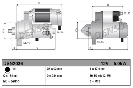 Denso gear reduction tractor starter motor, 12V 5.0kW, for John Deere RE534934