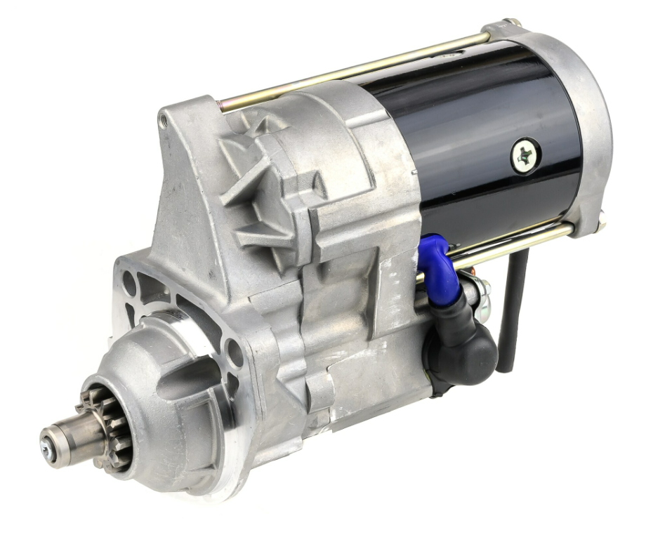 Denso gear reduction tractor starter motor, 12V 5.0kW, black body with silver housing, for John Deere 8R/9R.