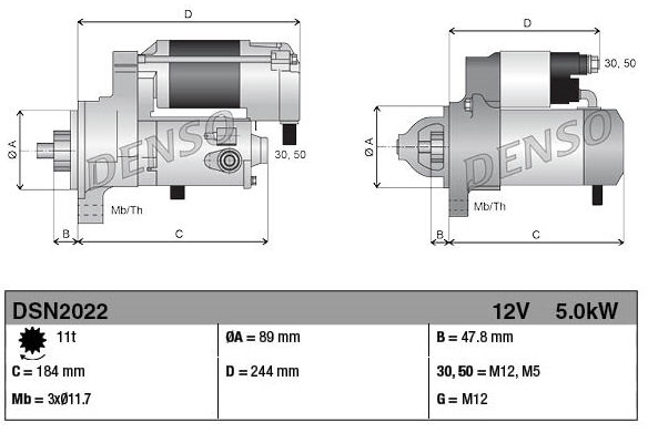 Denso gear-reduction tractor starter motor, 12V, 5.0kW for John Deere 8R/9R