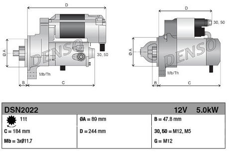 Denso gear-reduction tractor starter motor, 12V, 5.0kW for John Deere 8R/9R