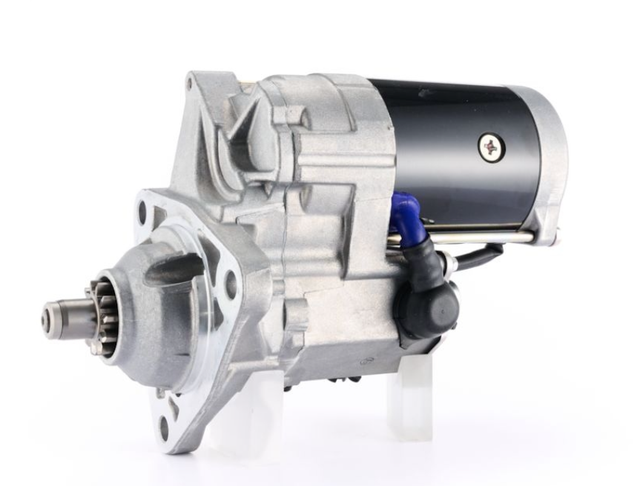 Denso gear reduction starter motor, 12V 5.0kW, JD 9R series tractor, metallic housing.