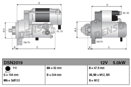 Tractor starter motor by Denso, 12V gear-reduction, 5.0kW, JD 9R series