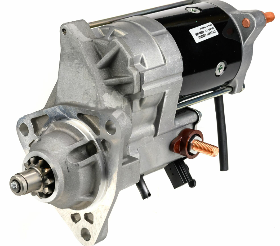 Denso gear-reduction tractor starter motor, 12V 5.0kW, silver housing with black body
