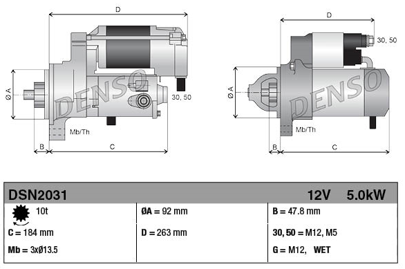 Denso gear reduction tractor starter motor, 12V 5.0kW for Case IH, two-view technical drawing