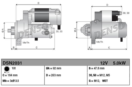 Denso gear reduction tractor starter motor, 12V 5.0kW for Case IH, two-view technical drawing