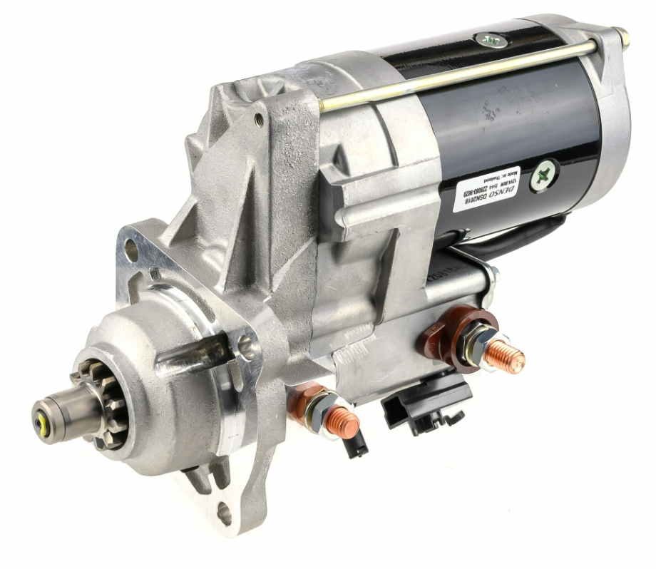 Denso gear reduction starter motor for John Deere 6068 tractor, 12V 4.8kW, silver housing with two copper terminals.