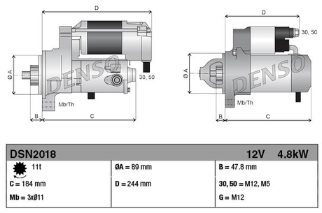 Denso gear reduction tractor starter motor, 12V 4.8kW for John Deere 6068, shown in two views.