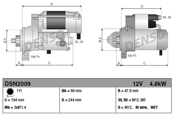Starter motor with gear reduction by Denso, 12V 4.8kW, for John Deere RE502811, shown in two technical views
