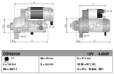 Starter motor with gear reduction by Denso, 12V 4.8kW, for John Deere RE502811, shown in two technical views