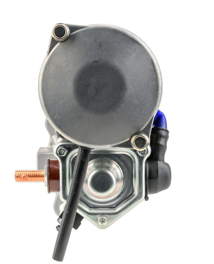 Denso gear reduction starter motor, gray finish, 12V 4.8kW, copper stud and blue terminal boot for Deere 4045/6068.