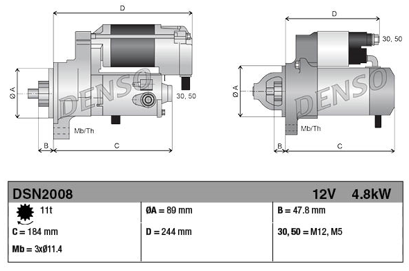 Denso gear-reduction tractor starter motor; two-view technical drawing with dimension labels