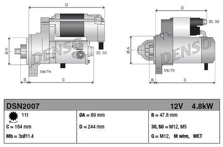 Denso gear-reduction tractor starter motor, 12V, 4.8kW; two view diagrams for John Deere RE504244