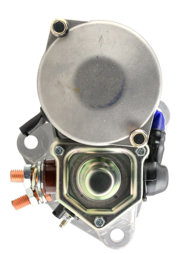 Denso gear-reduction tractor starter motor, 12V, 4.8kW, metallic housing with copper terminal studs.
