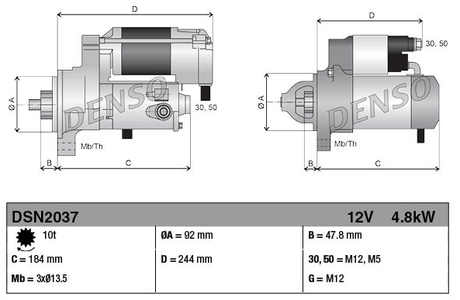 Gear-reduction tractor starter motor by Denso, 12V 4.8kW, International