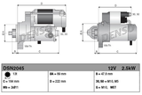 Denso gear reduction starter motor, 12V 2.5kW for Cummins, shown with technical diagrams and key dimensions.