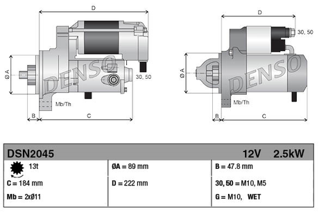Denso gear reduction starter motor, 12V 2.5kW for Cummins, shown with technical diagrams and key dimensions.