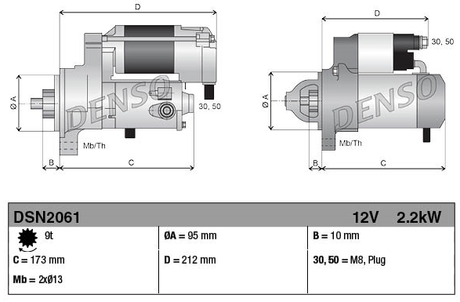 Denso gear reduction starter motor, 12V 2.2kW for Hitachi ZX75U, machinery starters with engineering drawings