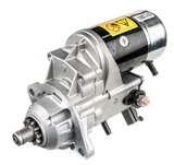 Denso 24V Komatsu starter motor; 4.5kW, 10-spline drive, mounting flange with bolt holes on silver/black housing.