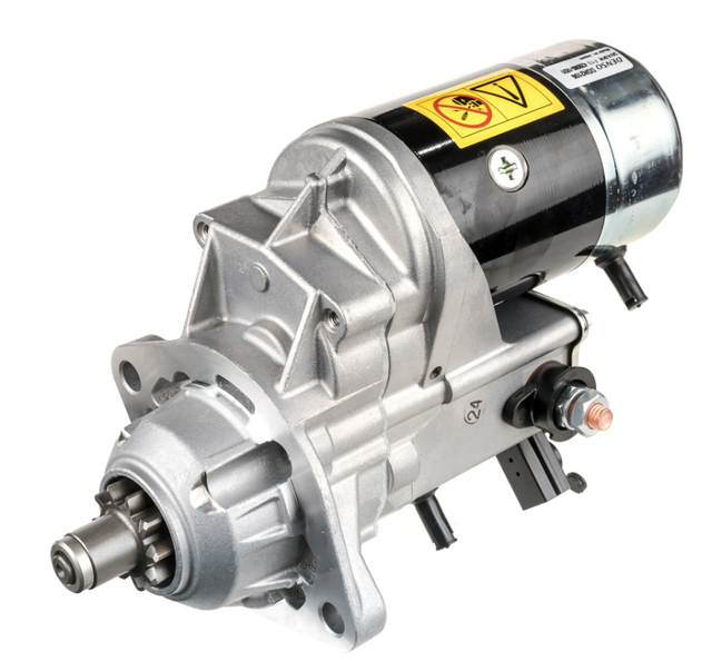 Denso 24V Komatsu starter motor; 4.5kW, 10-spline drive, mounting flange with bolt holes on silver/black housing.