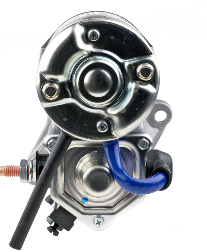 Denso starter motor with blue and black cables, metal housing and copper terminal stud.