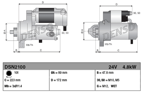 Starter motor, Denso, 24V 4.8kW; gray metal finish, shown in two views.