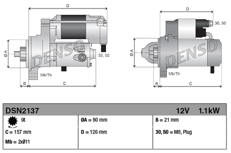 Denso starter motor, 12V for Yanmar 3TNV engine; two-view technical schematic with labeled dimensions.